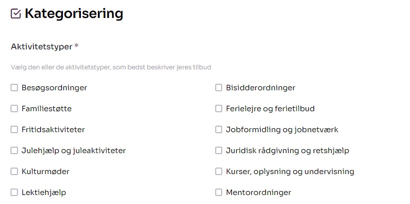 Skærmbillede fra Socialkompas der viser de forskellige kategorier.